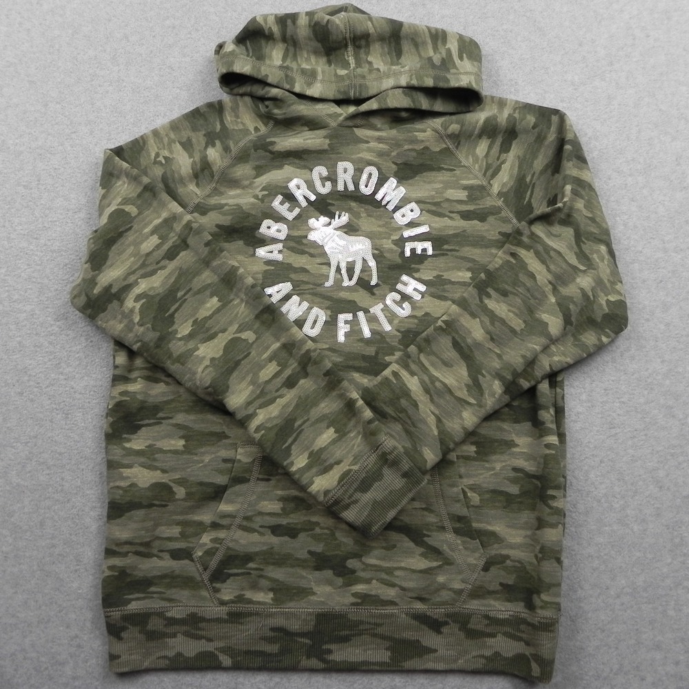 Abercrombie & Fitch Hoodie Kids Girls Youth 15/16 Sequin Green Camo Long Sleeve